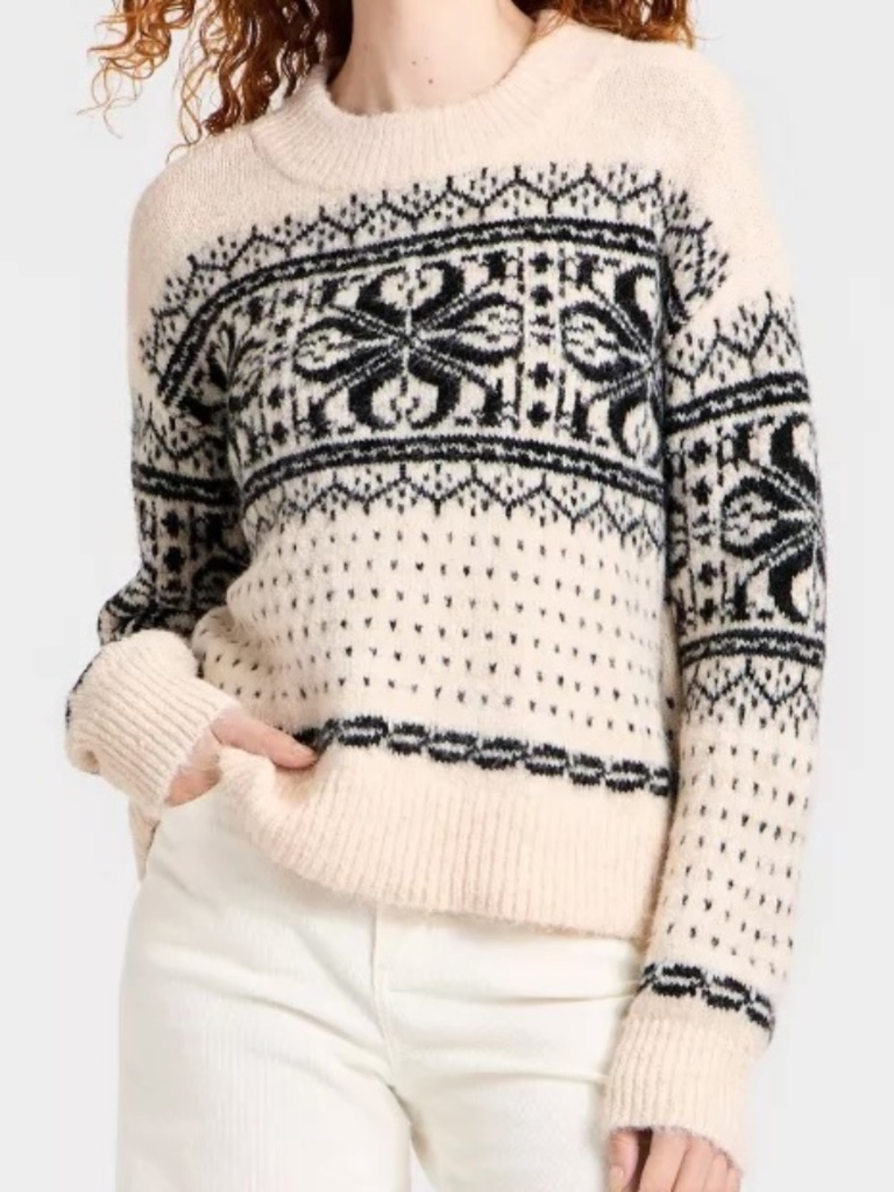 Universal Thread Womens Small Pullover Sweater Alpine Snowflake Beige Black Cozy